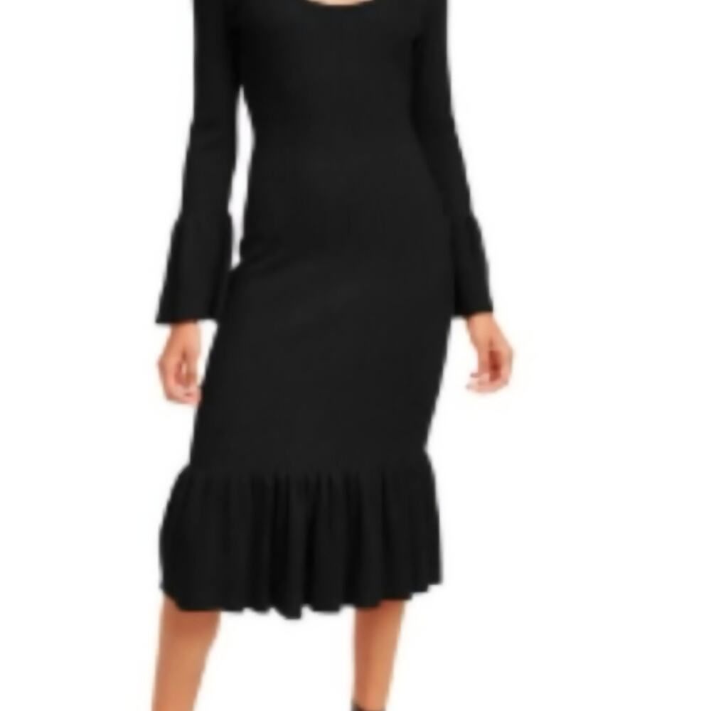 DR52 NWT Almost Famous Long Flair Sleeve Sweater Dress Ribbed Flounce Hem
